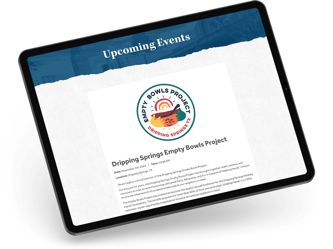 Tablet view of the Texas Legal event page with a listing for the Dripping Spring Empty Bowls Project
