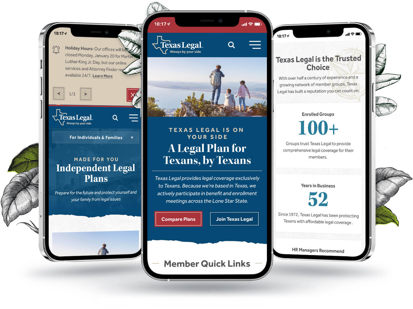 Three phones showcasing the Texas Legal homepage hero, alert system, and company statistics
