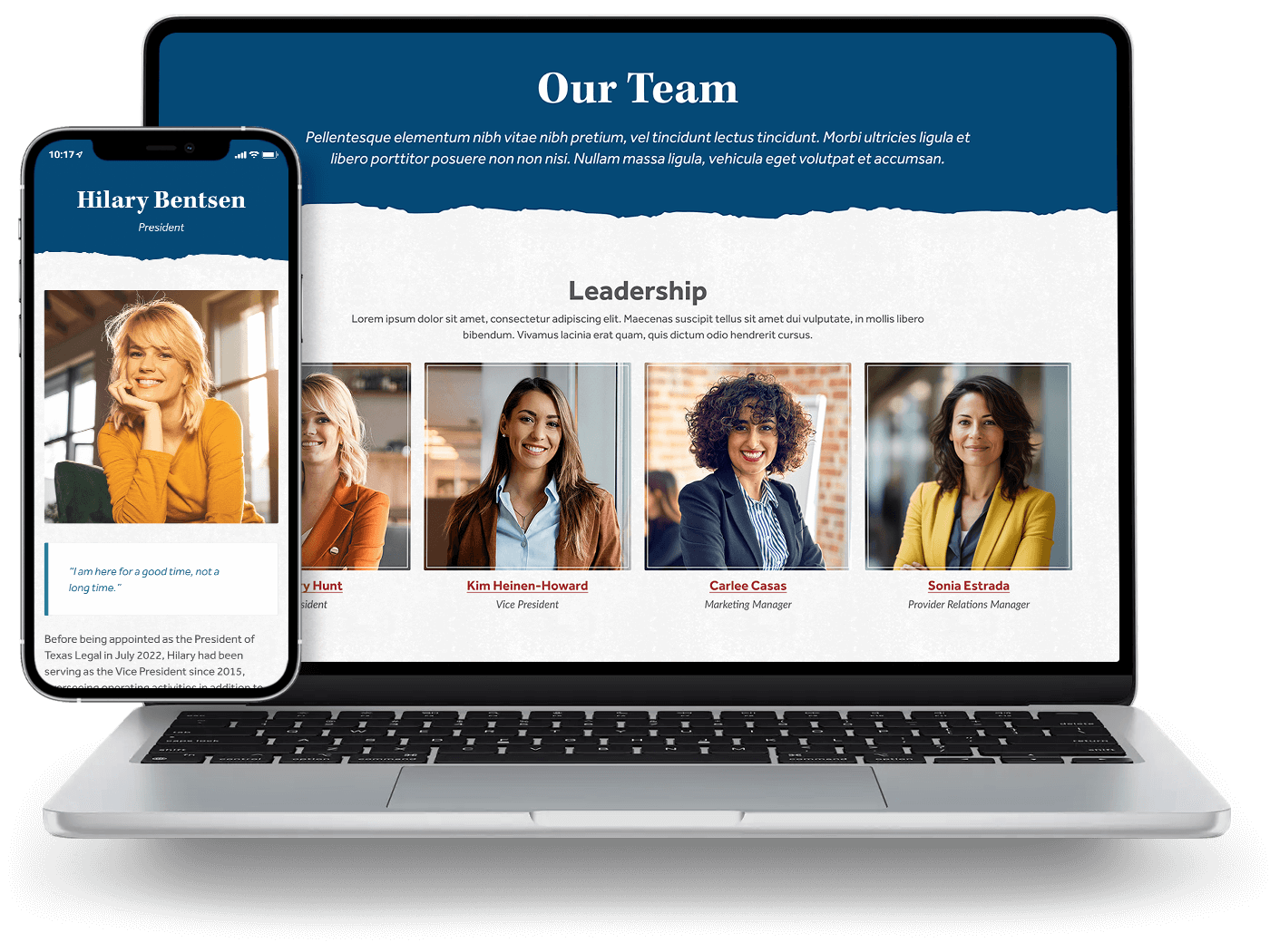 A laptop and phone view of the Texas Legal team overview and bio subpage