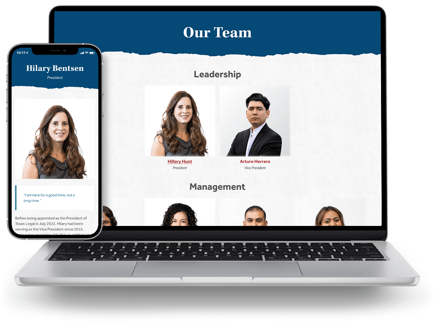 A laptop and phone view of the Texas Legal team overview and bio subpage