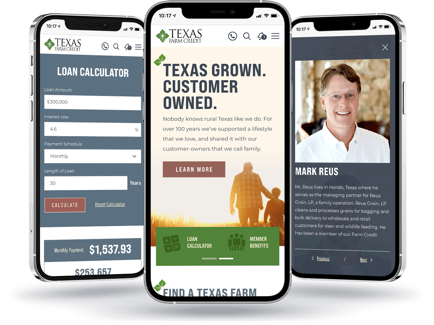 Three phones showing a view of the Texas Farm Credit homepage, loan calculator, and board member bio.