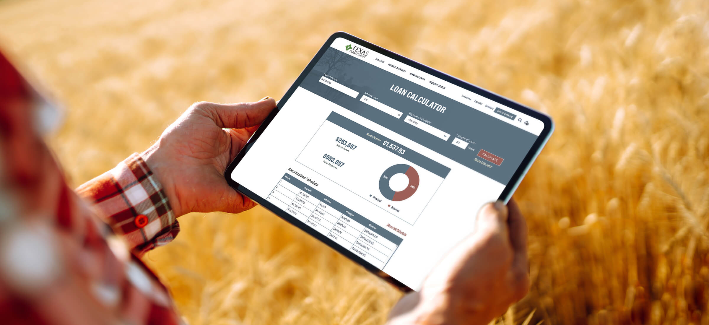 Tablet view of the Texas Farm Credit loan calculator.