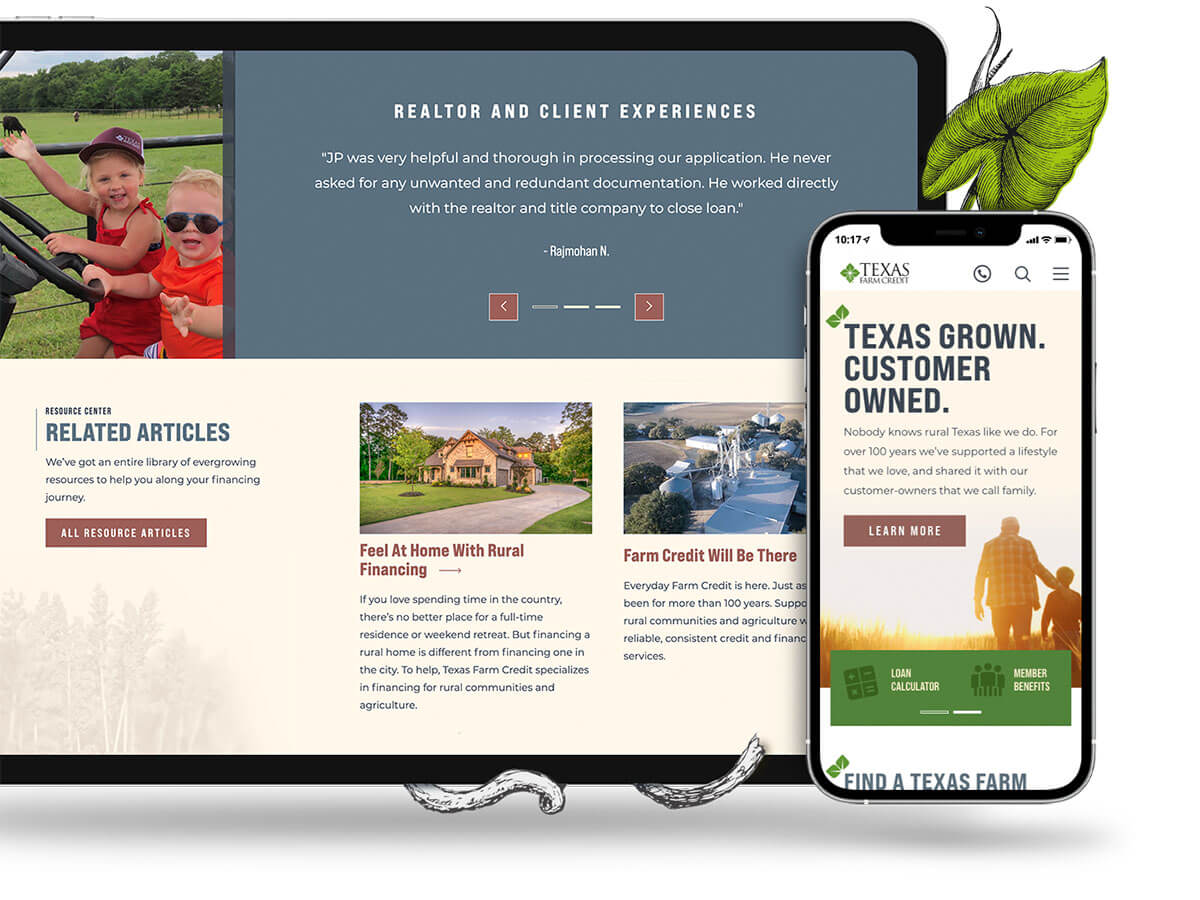 Tablet and phone view of the homepage showcasing the rural focused branding.