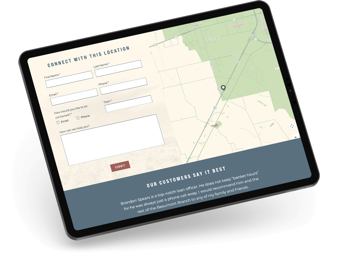 Tablet view of the location specific contact form with a map to its side and testimonials below.