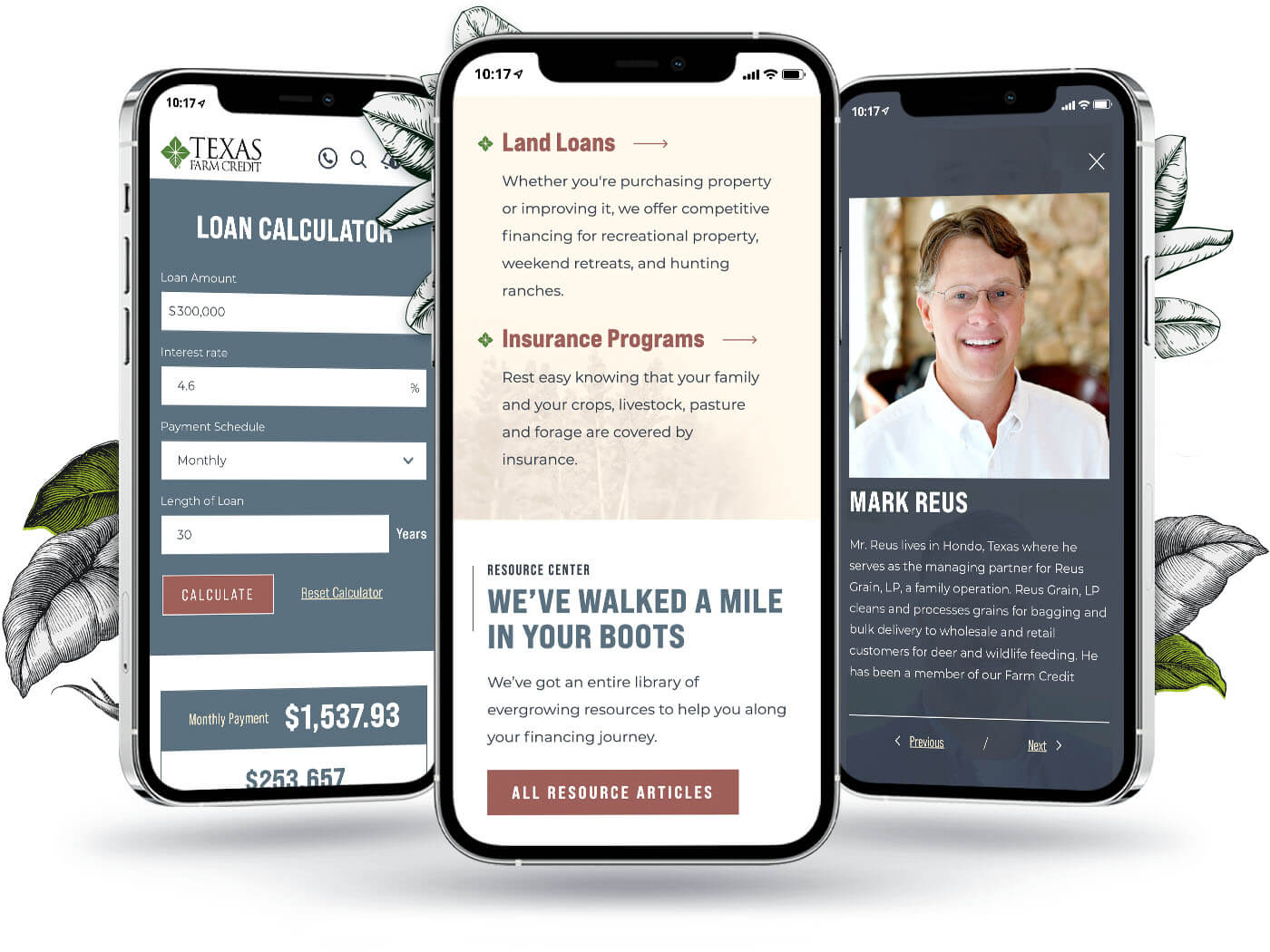 Three phones showcasing the Texas Farm Credit services, the loan calculator, and board member bio.