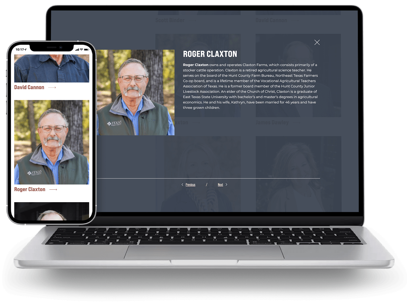 Laptop and phone view of the Texas Farm Credit board members with headshots and full bios in a modal.