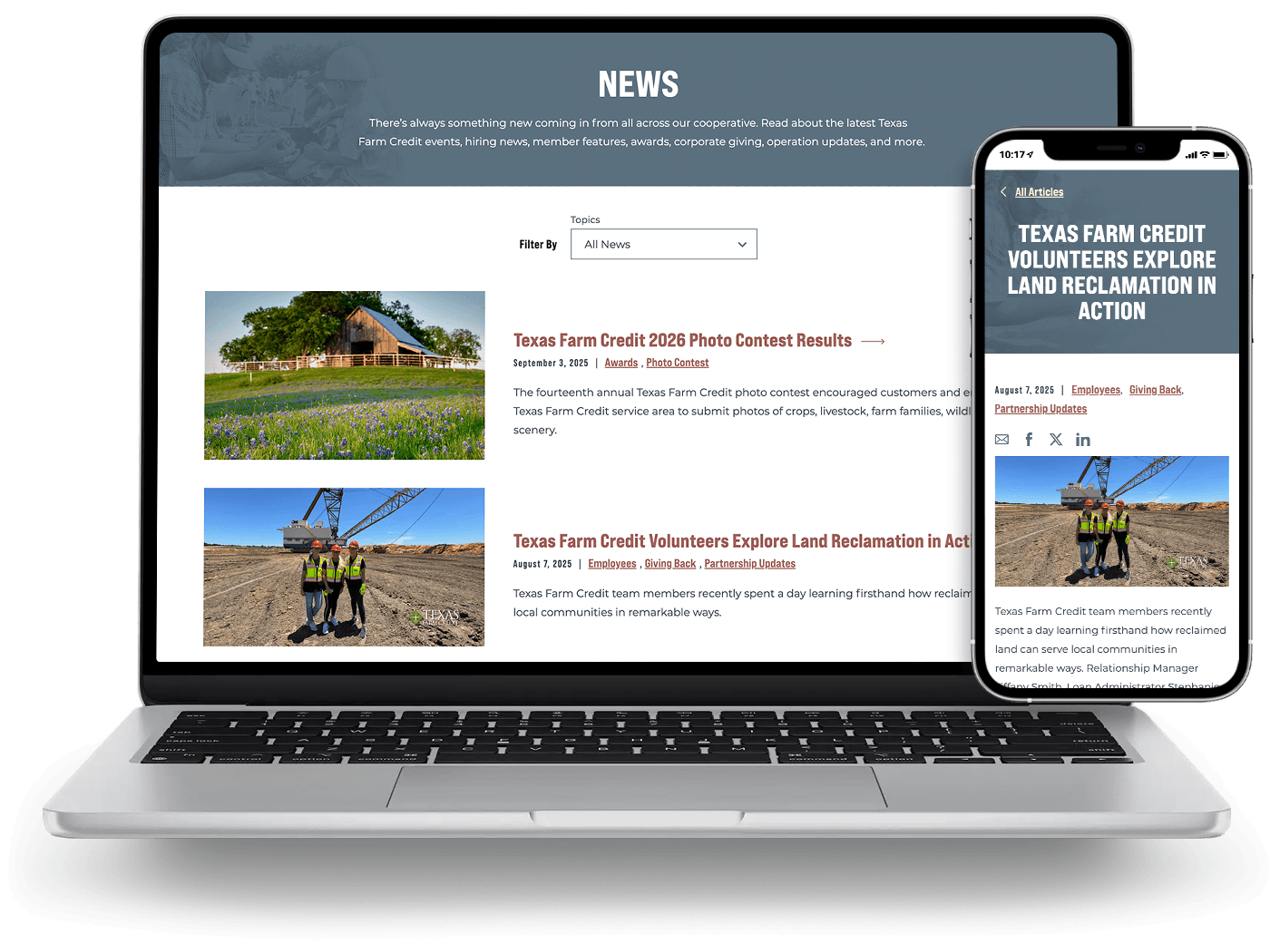 Laptop and phone view of the News overview and subpage for an individual post.