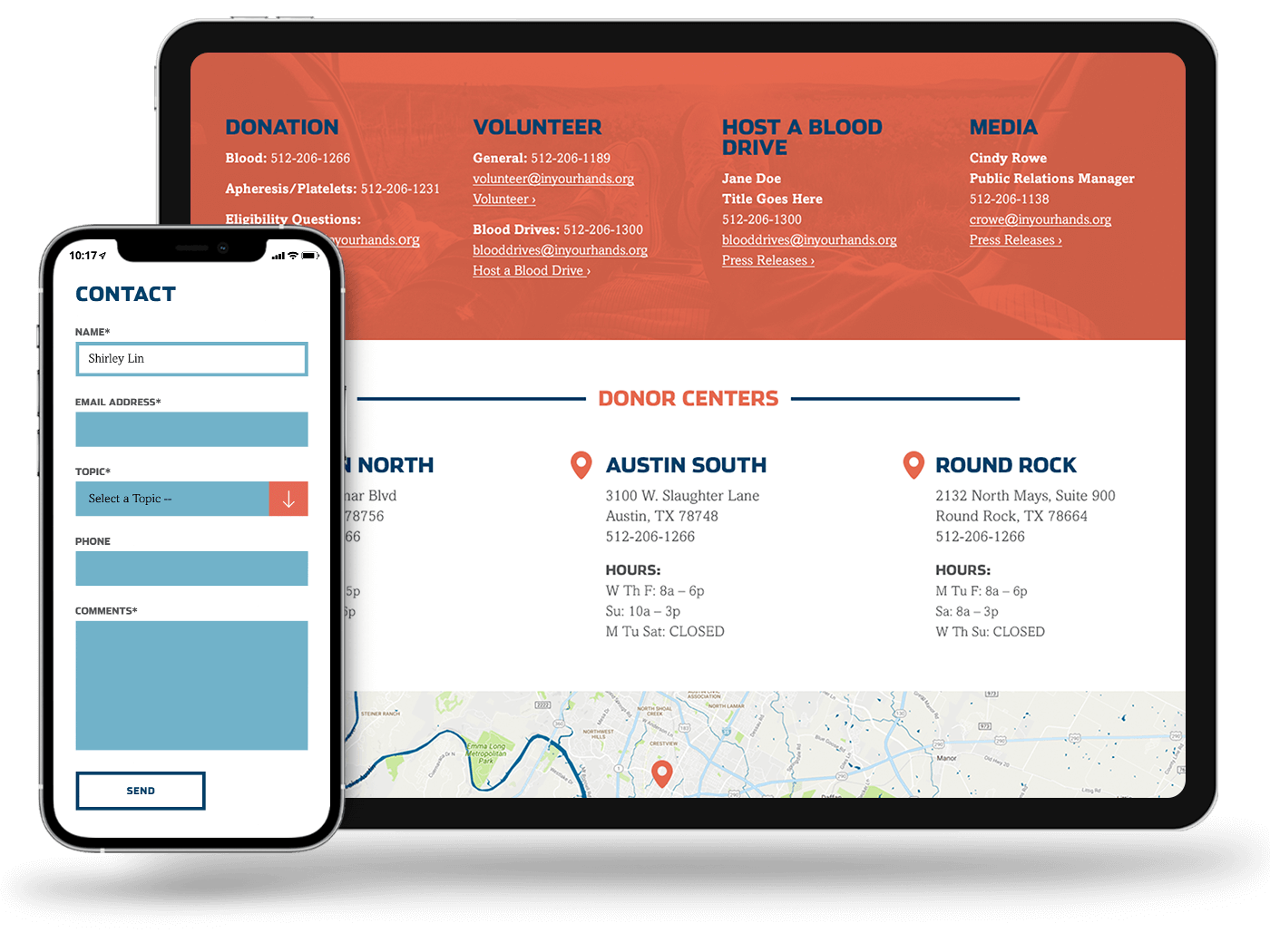Tablet and phone view of the We Are Blood contact information and location map.