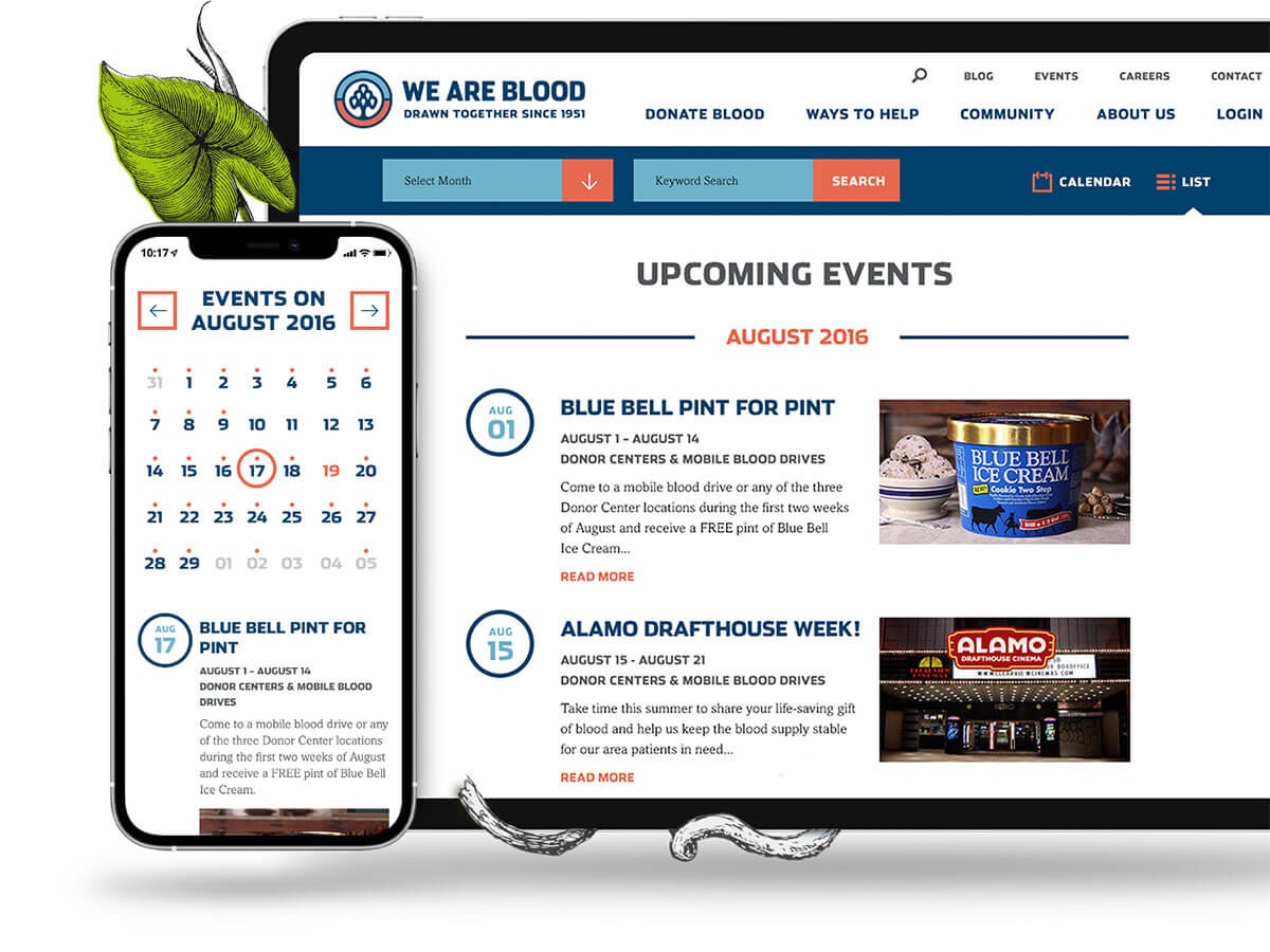 Tablet and phone view of the event section that includes a calendar and event subpage.
