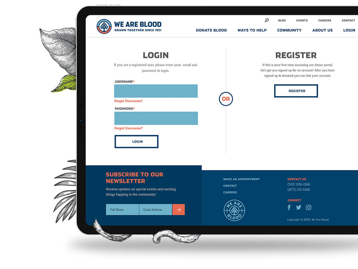 Tablet view of the We Are Blood donor portal login.