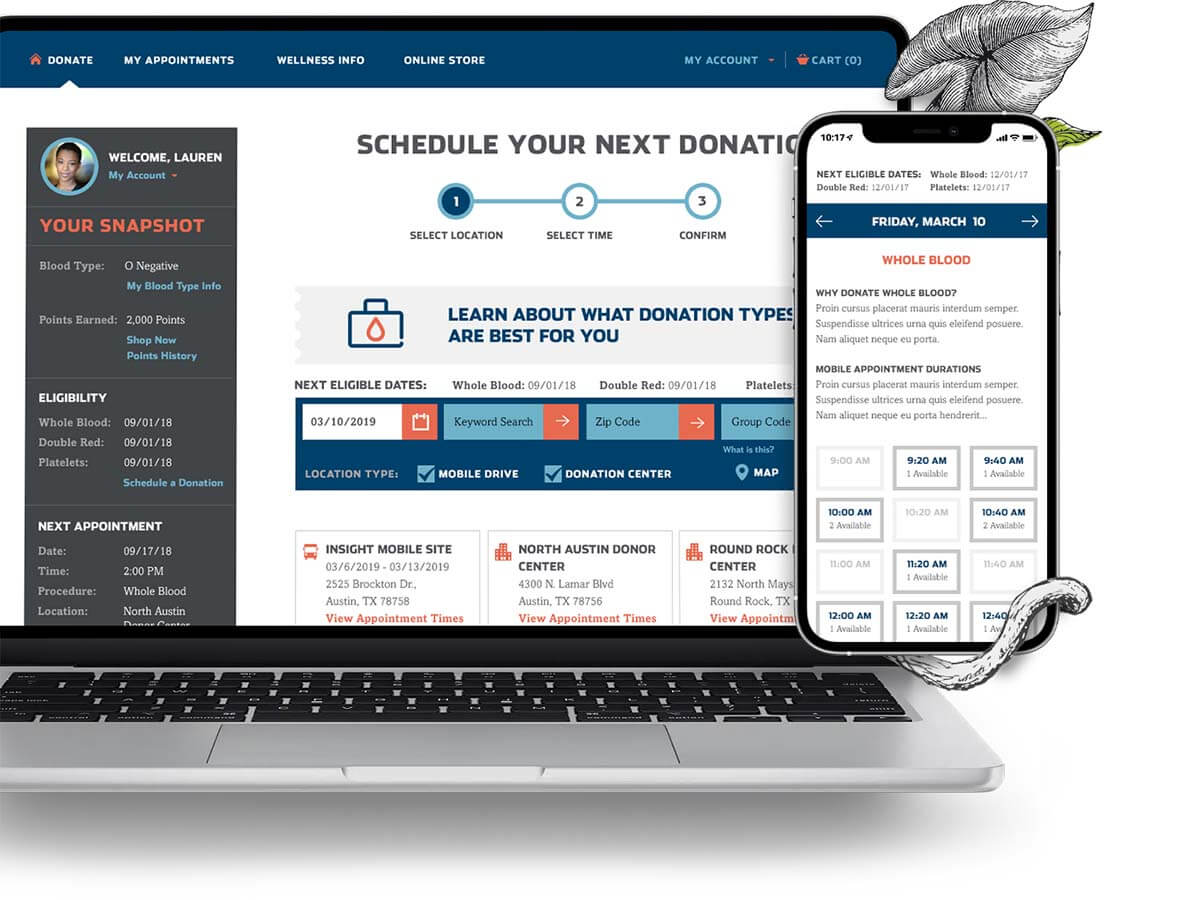A laptop and phone showing different stages of the blood donation appointment tool.