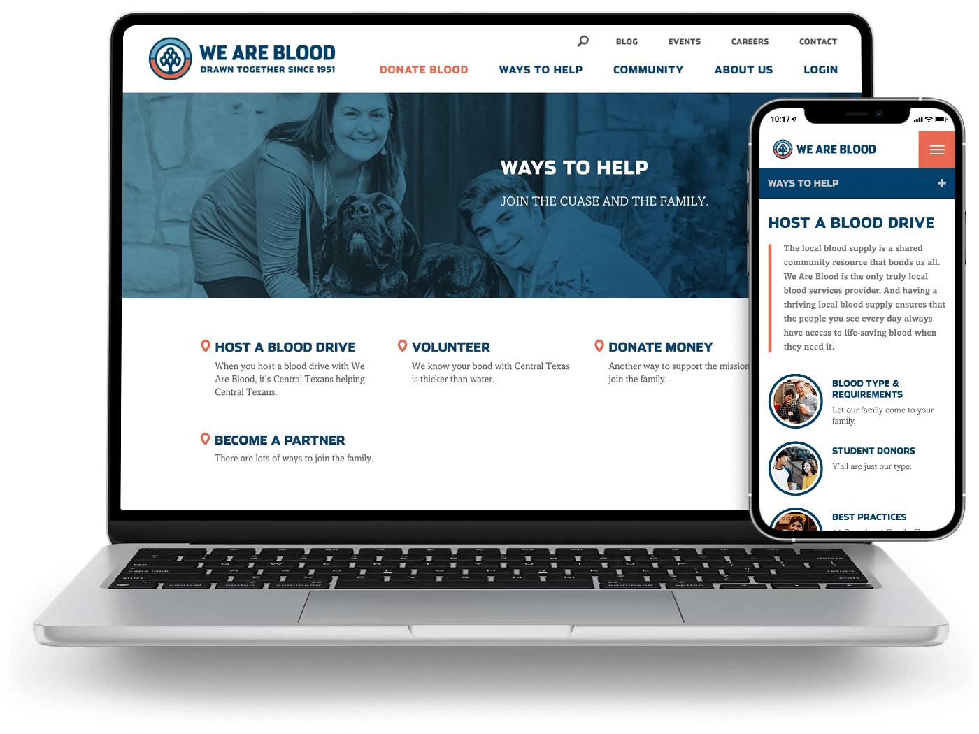 Laptop and phone view of ways to help with multiple options and details on hosting a blood drive.