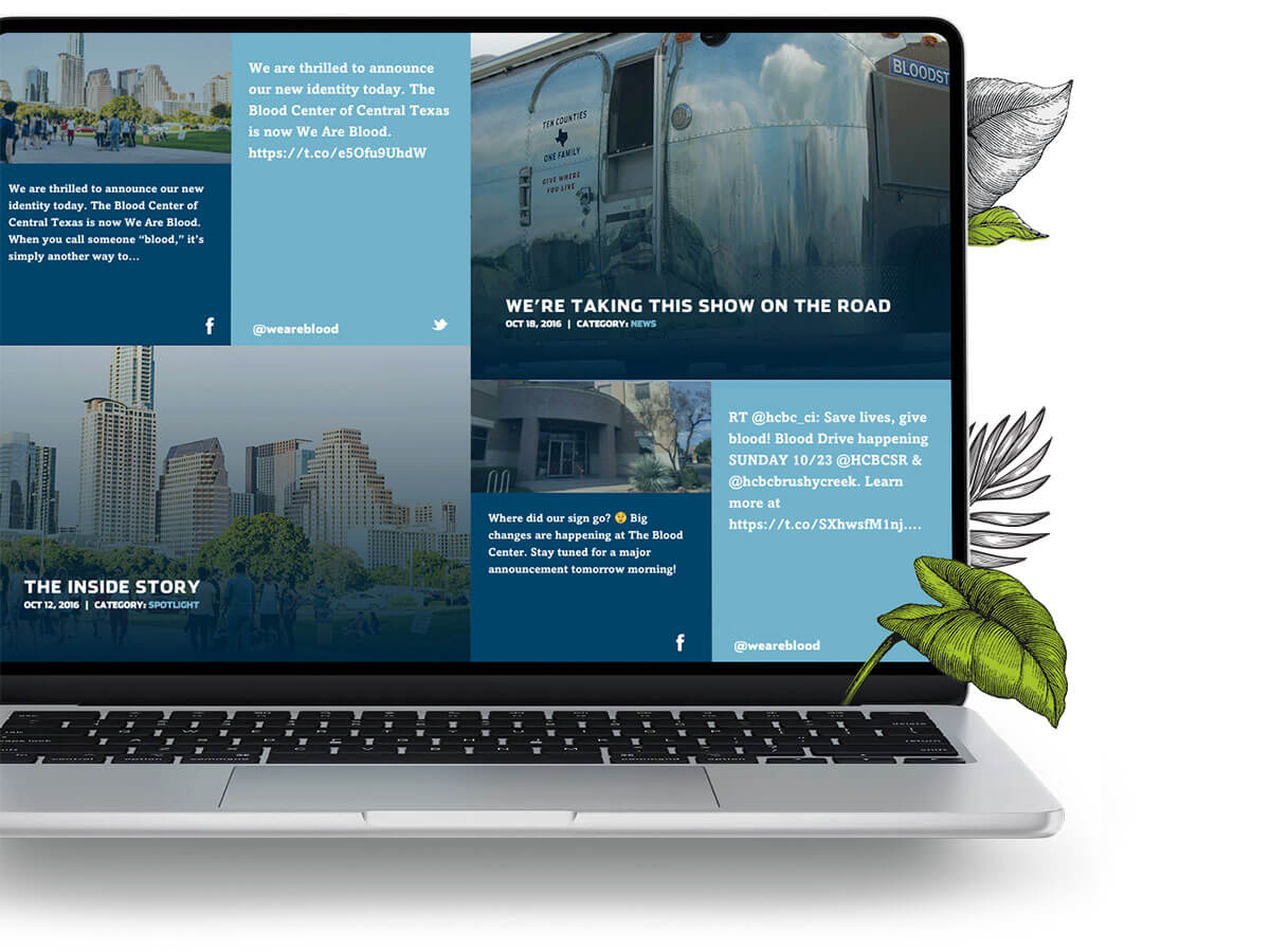 Laptop view of the social media hub that includes posts from Facebook, Twitter, and the site's blog.