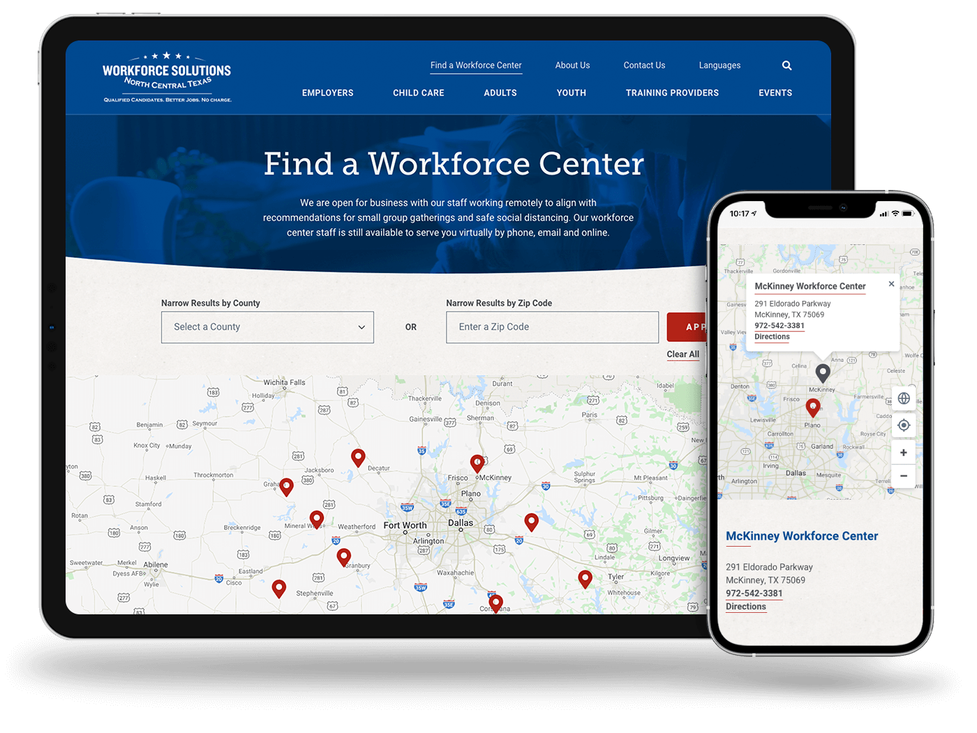 Ipad and iphone view of find a workforce center page