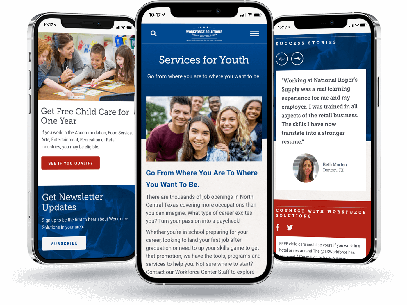 Iphone view of CTA, Services for Youth, and testimonials 
