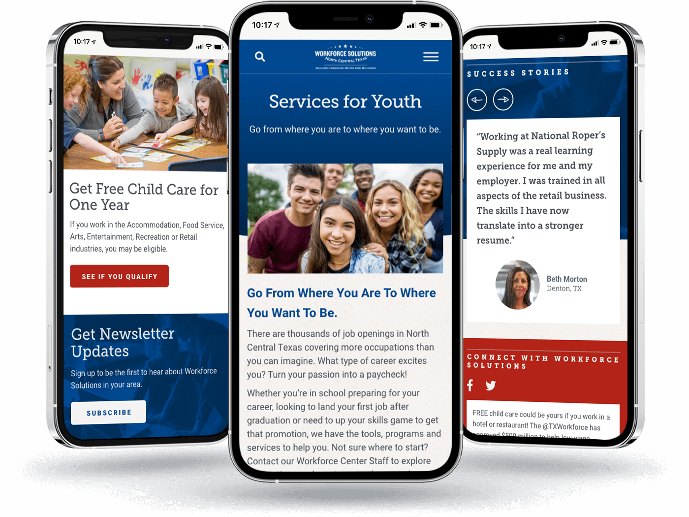 Iphone view of CTA, Services for Youth, and testimonials