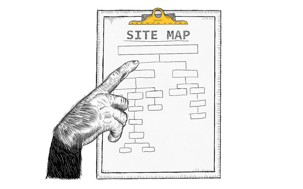 illustration of monkey hand pointing at site map used for a website redesign project