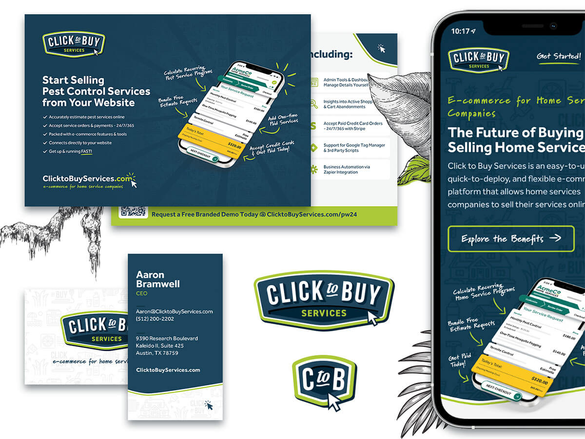 An assortment of brand collateral for Click to Buy Services including the website, business cards, and a flyer