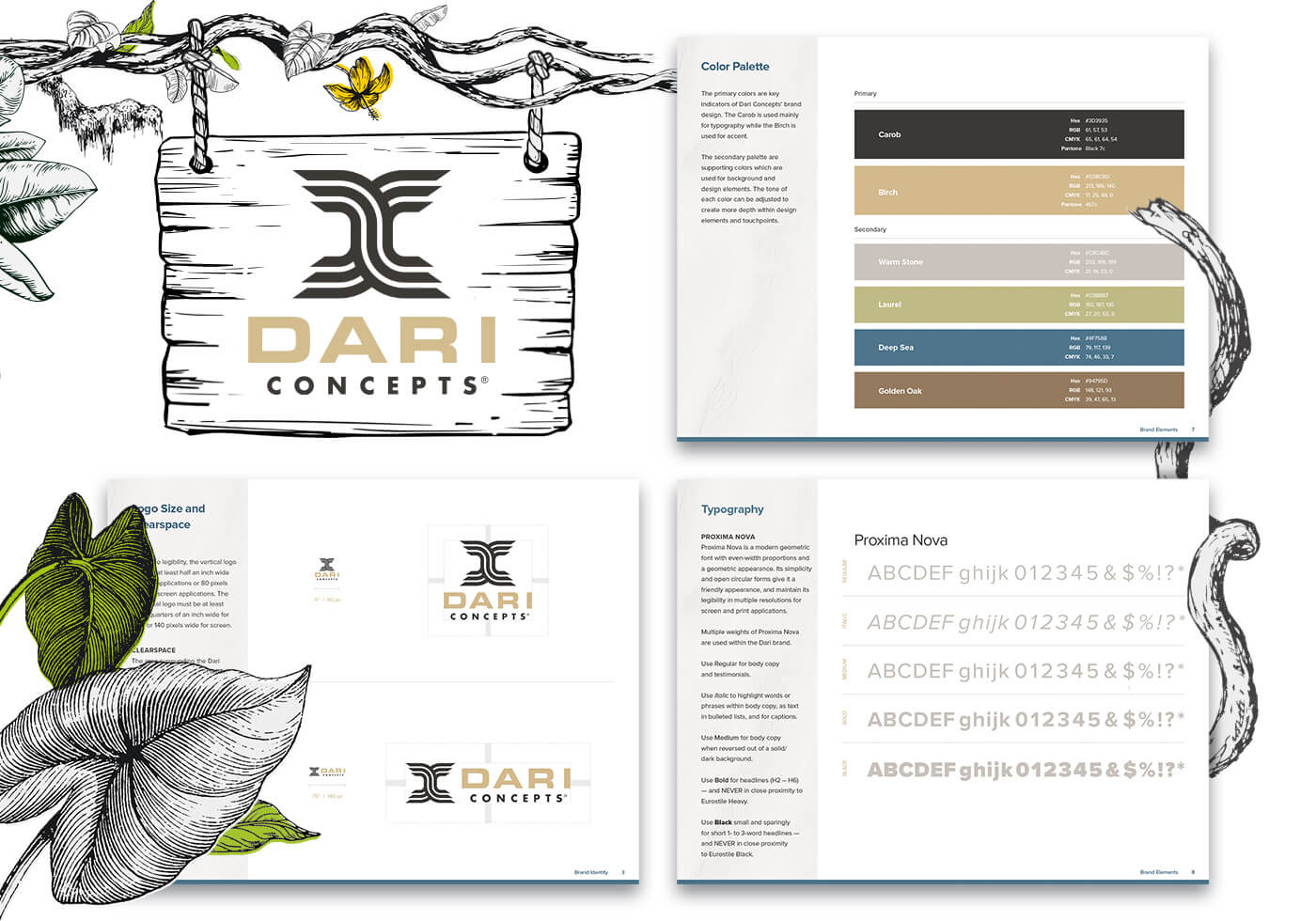 A few pages from the Dari Concepts brand guidelines showcasing logo sizing, color palette, and typography