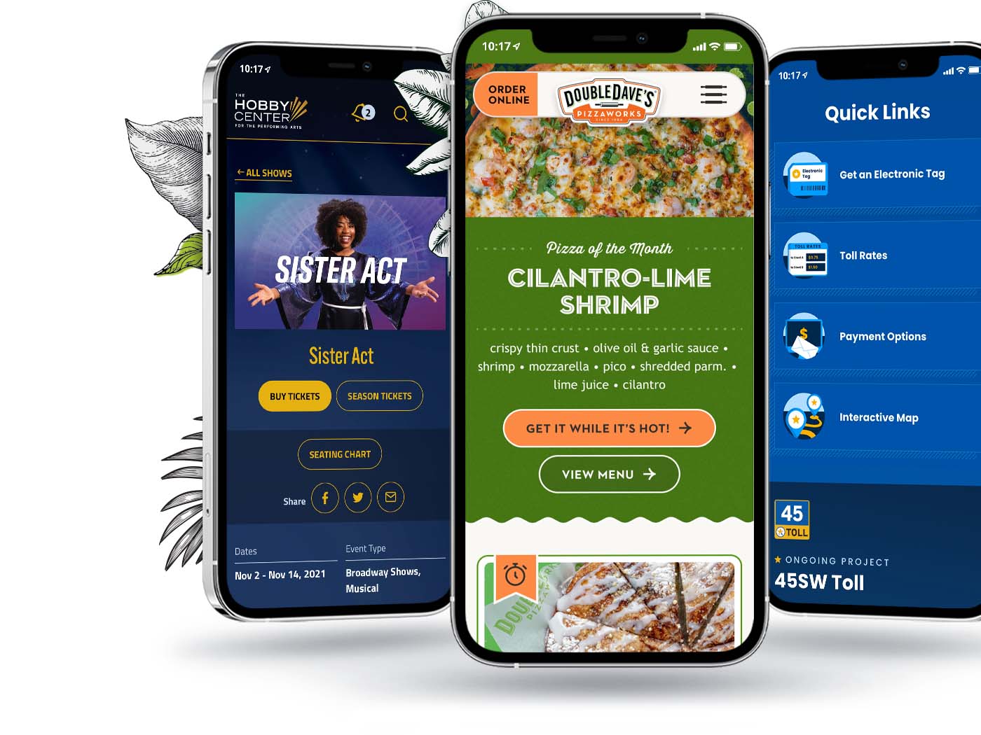 Three phones showcasing websites for Double Dave's, The Hobby Center, and Central Texas Mobility Authority