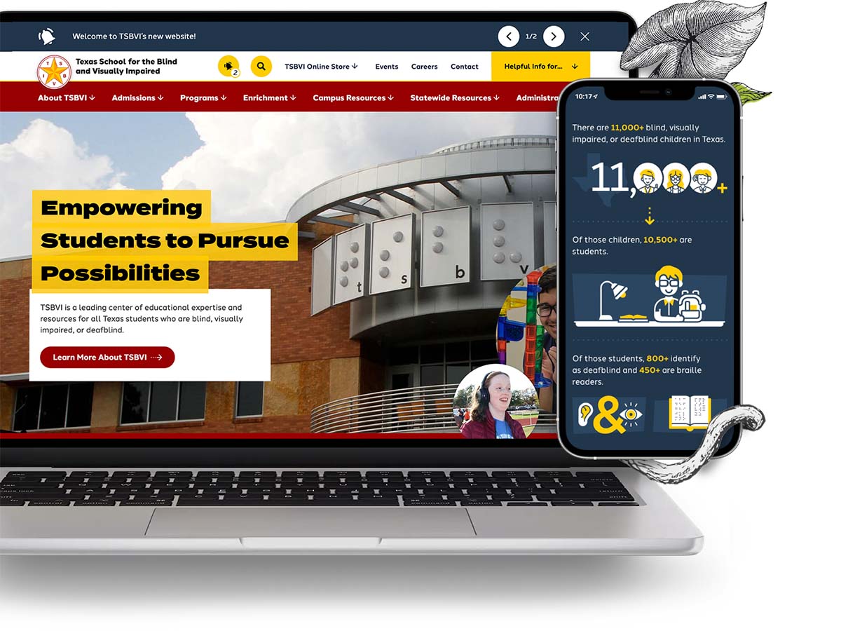 Laptop and phone view of the Texas School for the Blind and Visually Impaired homepage