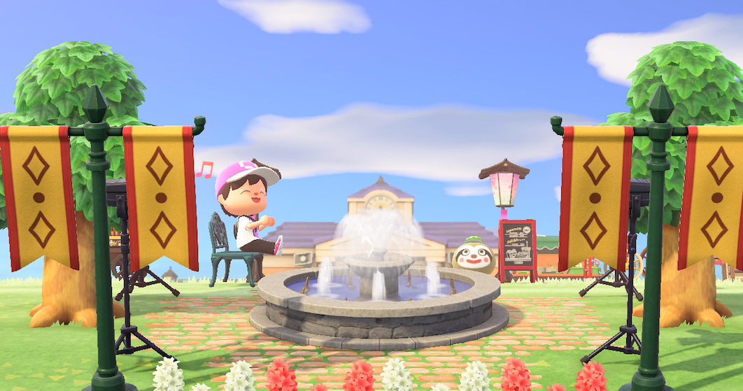 Screenshot from the game Animal Crossing of Fleeting's character listening to music in the town square.